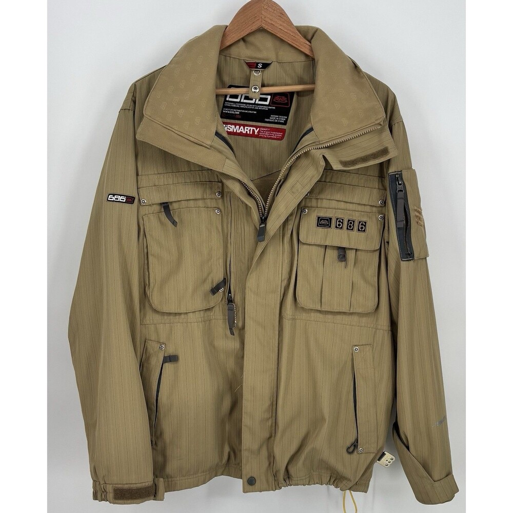 686 Smarty Men’s Small Khaki Snowboard Ski Jacket 2-in-1 Technical Y2K Pinstripe